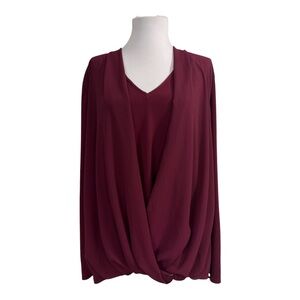 Alfani Women's 22W Pullover Blouse Burgundy Red Stretchy Wrap Overlay Semi Sheer
